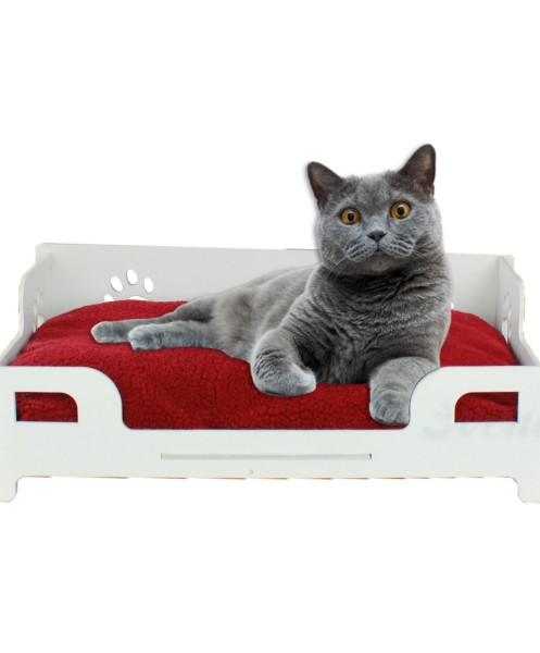 Beyaz Ahşap Büyük Kedi Yatağı - Kedi Evi Patili Model - NeGelse